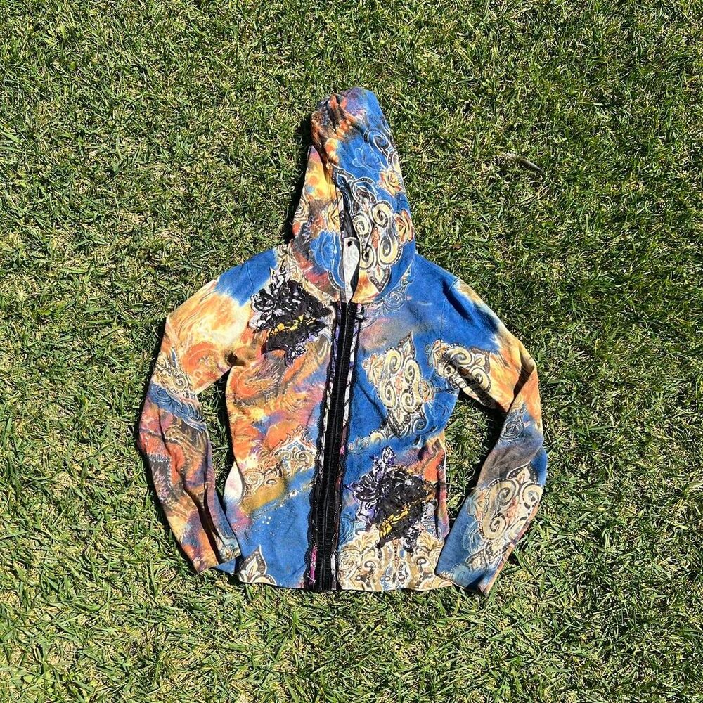 Multi-colored zip-up hoodie with abstract swirls and floral-like y2k womenās siz